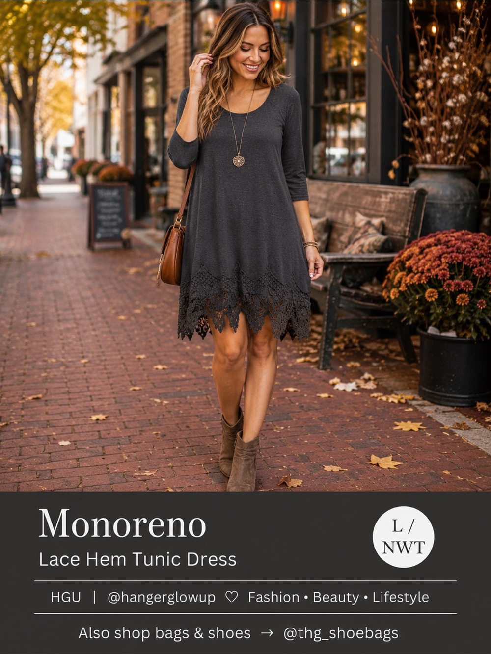 Monoreno Charcoal Lace Hem Tunic Dress NWT Boutique Long Sleeve Large